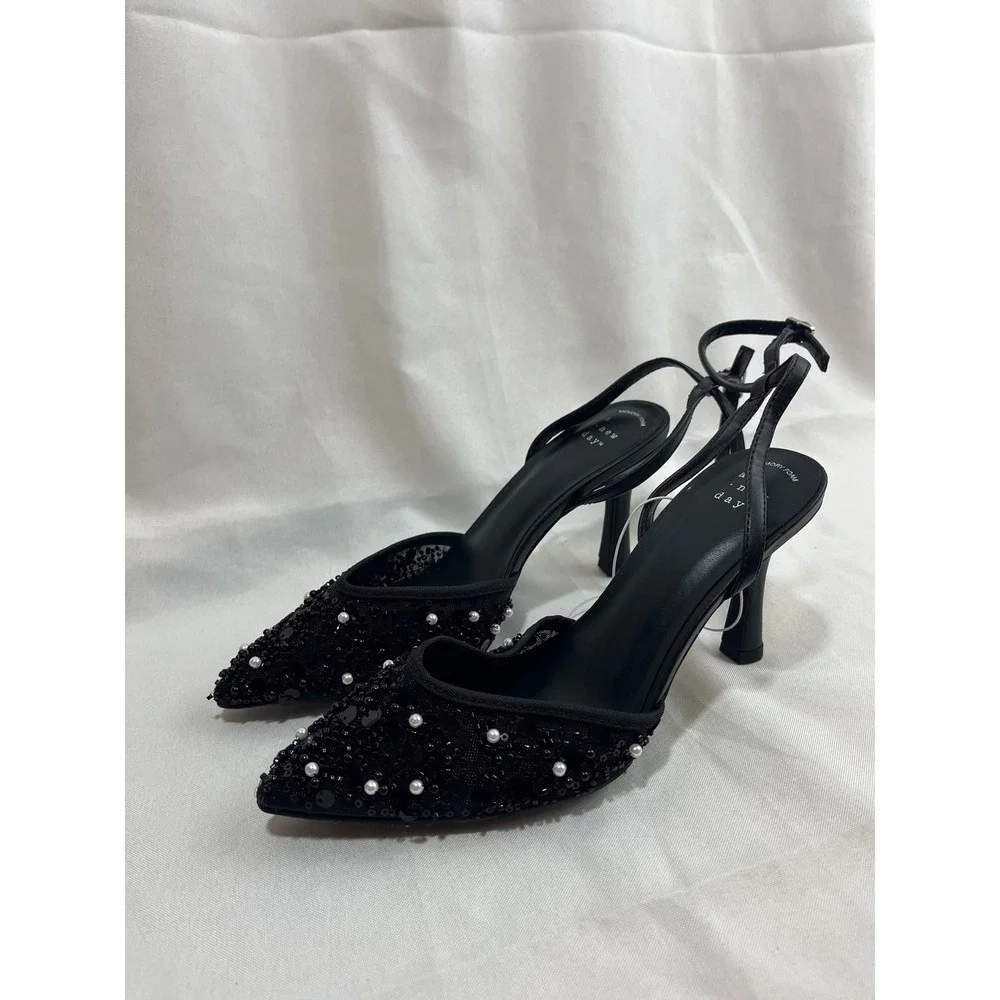 A New Day Black Pearl Sequin Mesh Slingback Heels Point Toe Pumps 7.5 096048157